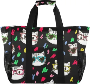 susiyo Cartoon Cats with Sunglasses Reusable Grocery Tote Bag Collapsible Canvas Beach Bag Large Travel Bags for Hiking Trip Pool