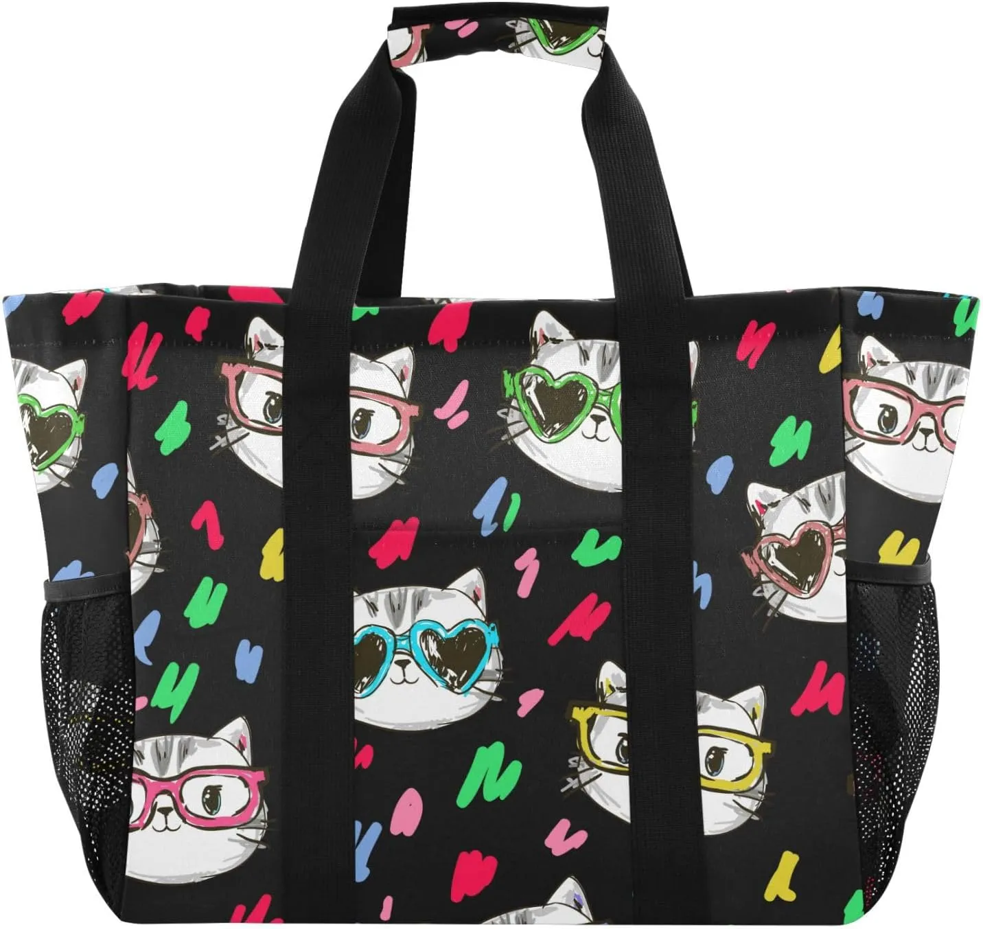 susiyo Cartoon Cats with Sunglasses Reusable Grocery Tote Bag Collapsible Canvas Beach Bag Large Travel Bags for Hiking Trip Pool