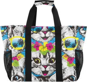 susiyo Happy Kitten Cats with Sunglasses Reusable Grocery Tote Bag Collapsible Canvas Beach Bag Large Travel Bags for Hiking Trip Pool