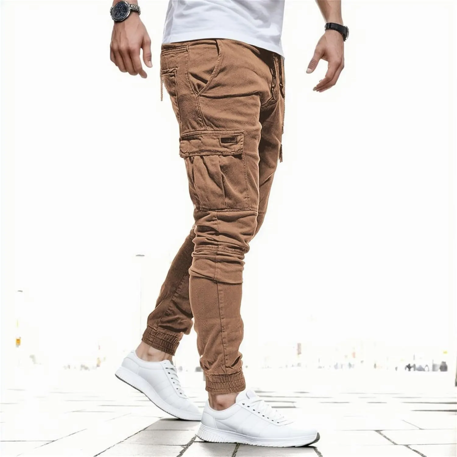 Sweatpants for Men Fashion Personalized Casual Solid Color Tie Multi-Pocket Drawstring Cargo Pants Trousers