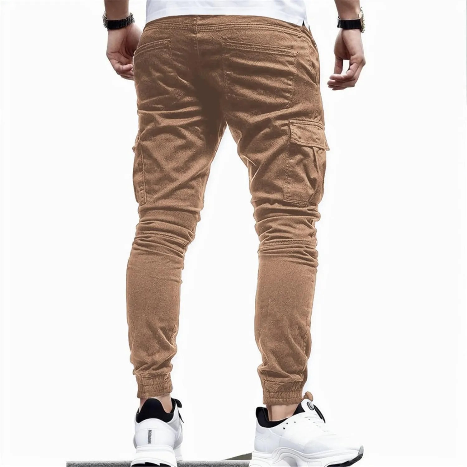 Sweatpants for Men Fashion Personalized Casual Solid Color Tie Multi-Pocket Drawstring Cargo Pants Trousers