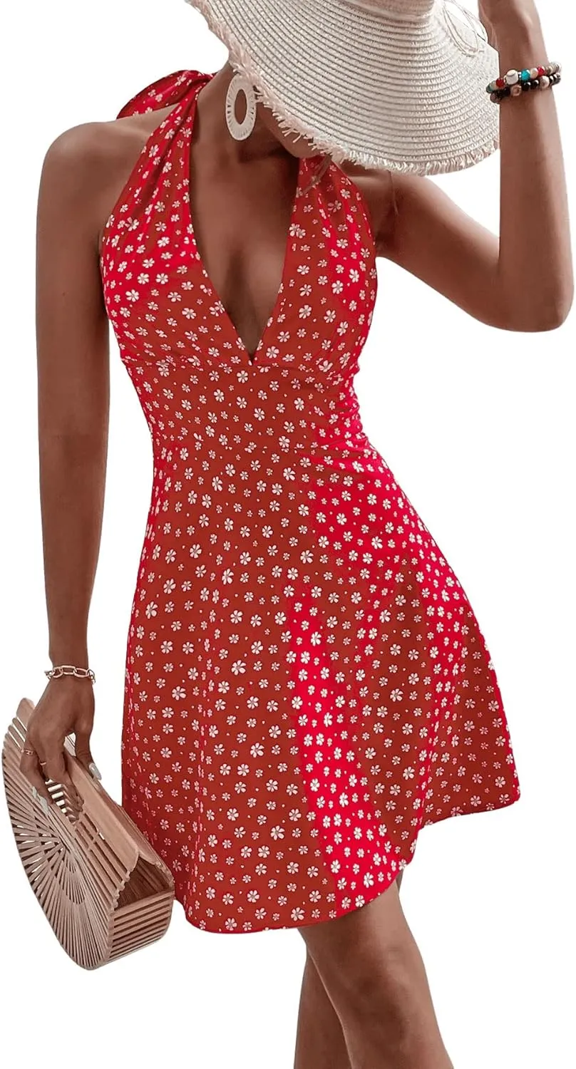 SweatyRocks Women's Boho Sleeveless Halter Floral Dress Tie Backless A Line Mini Dresses