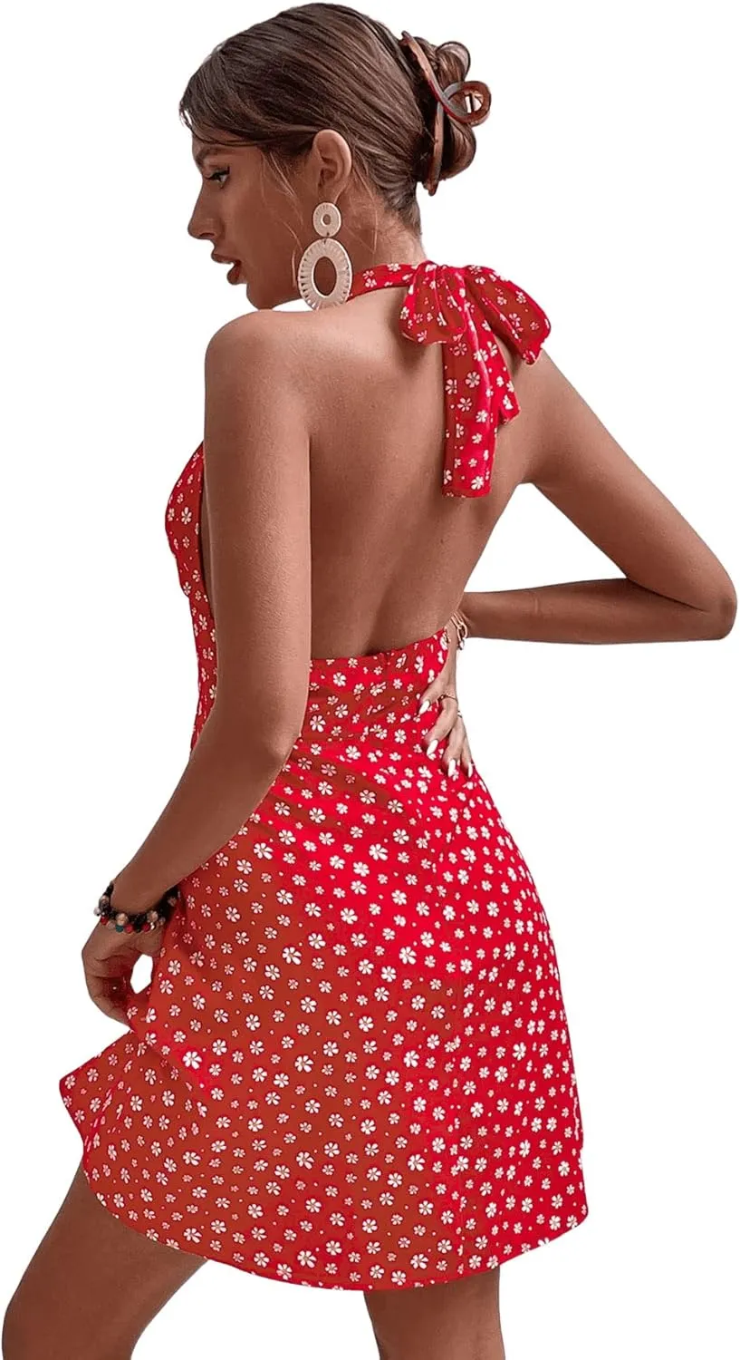 SweatyRocks Women's Boho Sleeveless Halter Floral Dress Tie Backless A Line Mini Dresses