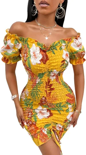 SweatyRocks Women's Floral Off Shoulder Ruched Dress Ruffle Trim Drawstring Mini Bodycon Dress Yellow Red S
