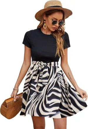 SweatyRocks Women's Graphic Short Sleeve Belted Mini Dress A Line Flared Skater Dresses