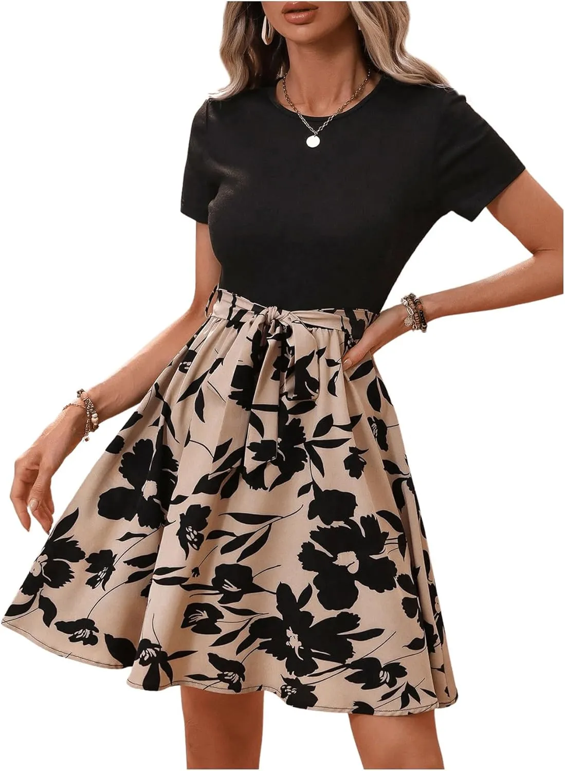 SweatyRocks Women's Graphic Short Sleeve Belted Mini Dress A Line Flared Skater Dresses
