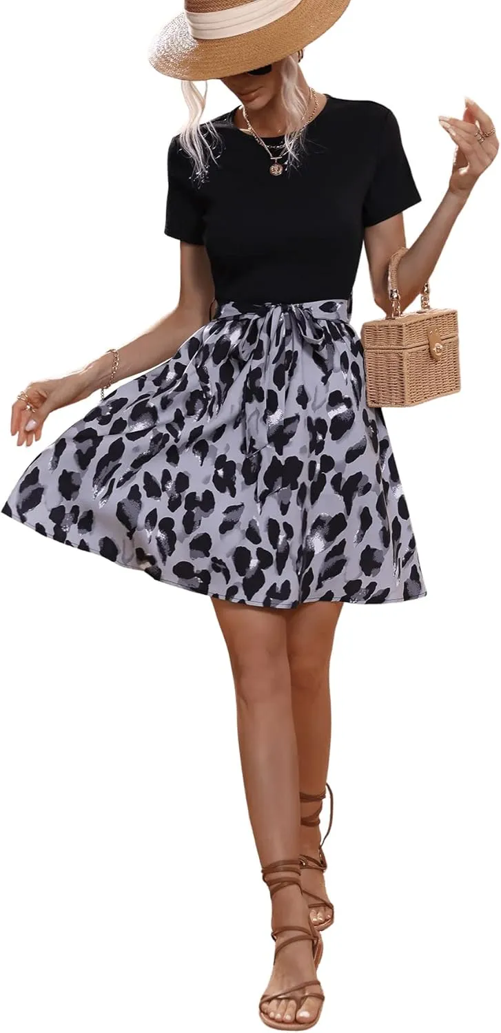 SweatyRocks Women's Graphic Short Sleeve Belted Mini Dress A Line Flared Skater Dresses