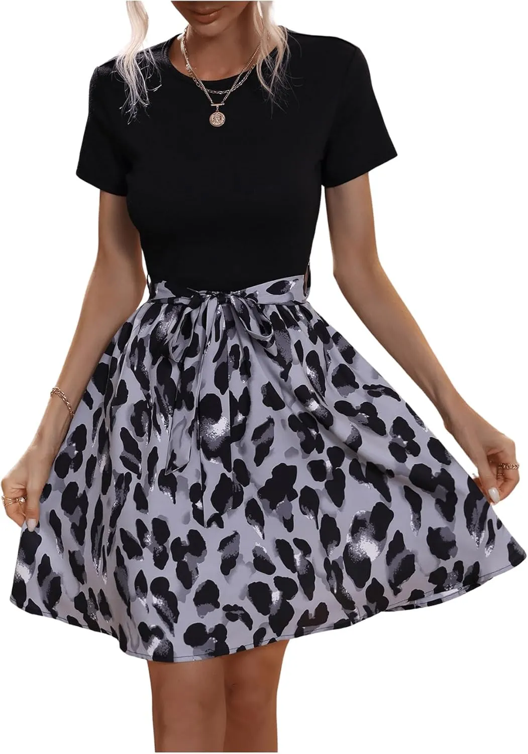 SweatyRocks Women's Graphic Short Sleeve Belted Mini Dress A Line Flared Skater Dresses