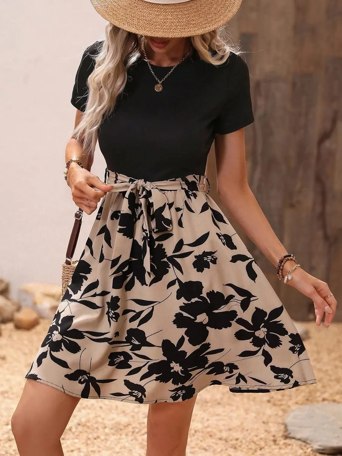 SweatyRocks Women's Graphic Short Sleeve Belted Mini Dress A Line Flared Skater Dresses