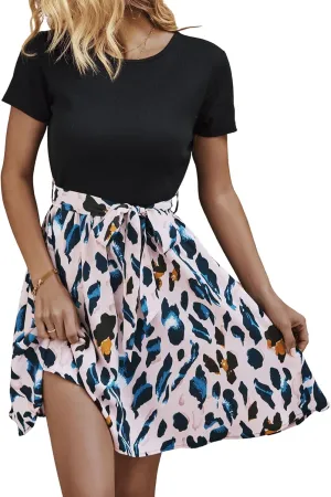 SweatyRocks Women's Graphic Short Sleeve Belted Mini Dress A Line Flared Skater Dresses