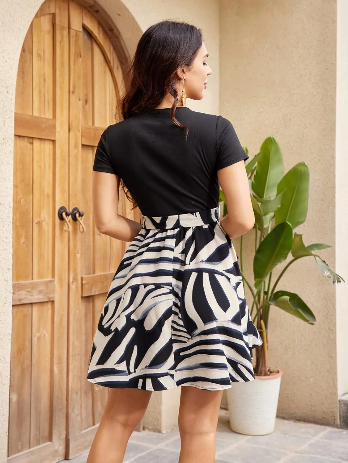 SweatyRocks Women's Graphic Short Sleeve Belted Mini Dress A Line Flared Skater Dresses