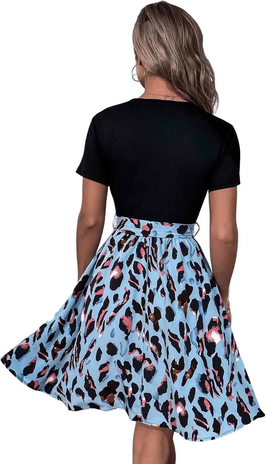 SweatyRocks Women's Graphic Short Sleeve Belted Mini Dress A Line Flared Skater Dresses