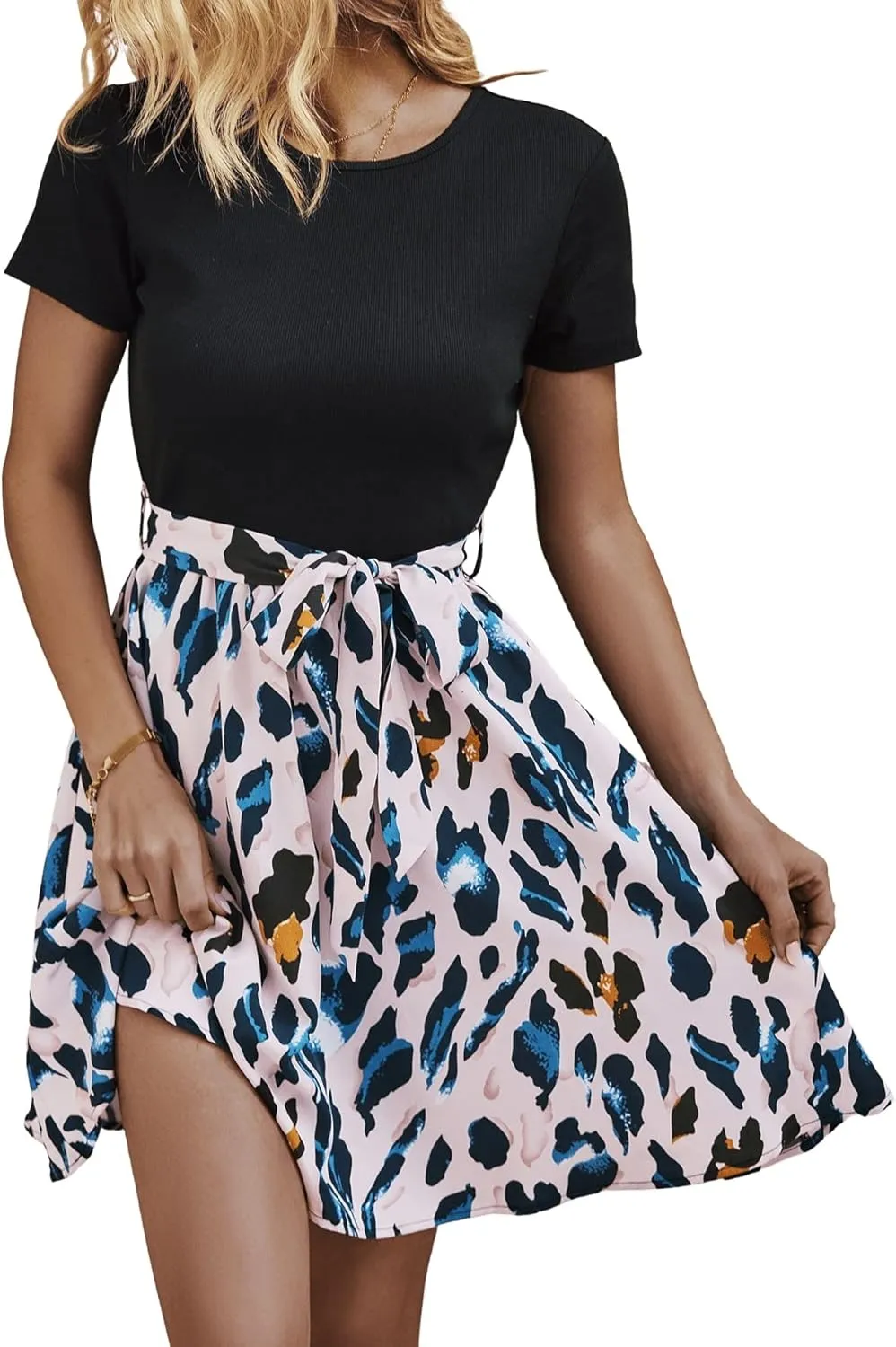 SweatyRocks Women's Graphic Short Sleeve Belted Mini Dress A Line Flared Skater Dresses