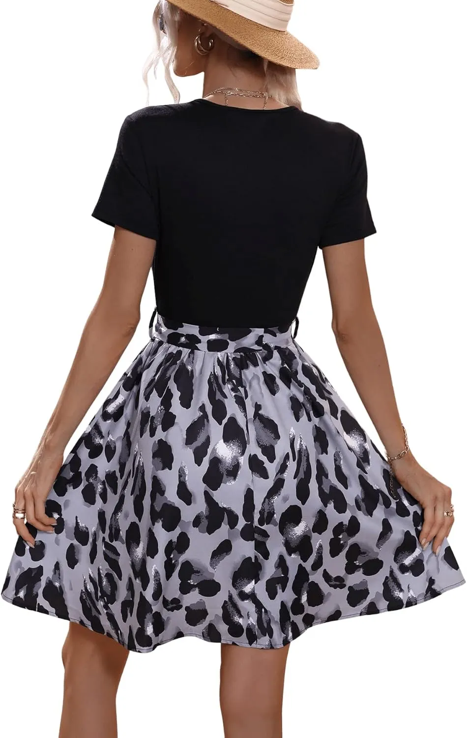 SweatyRocks Women's Graphic Short Sleeve Belted Mini Dress A Line Flared Skater Dresses