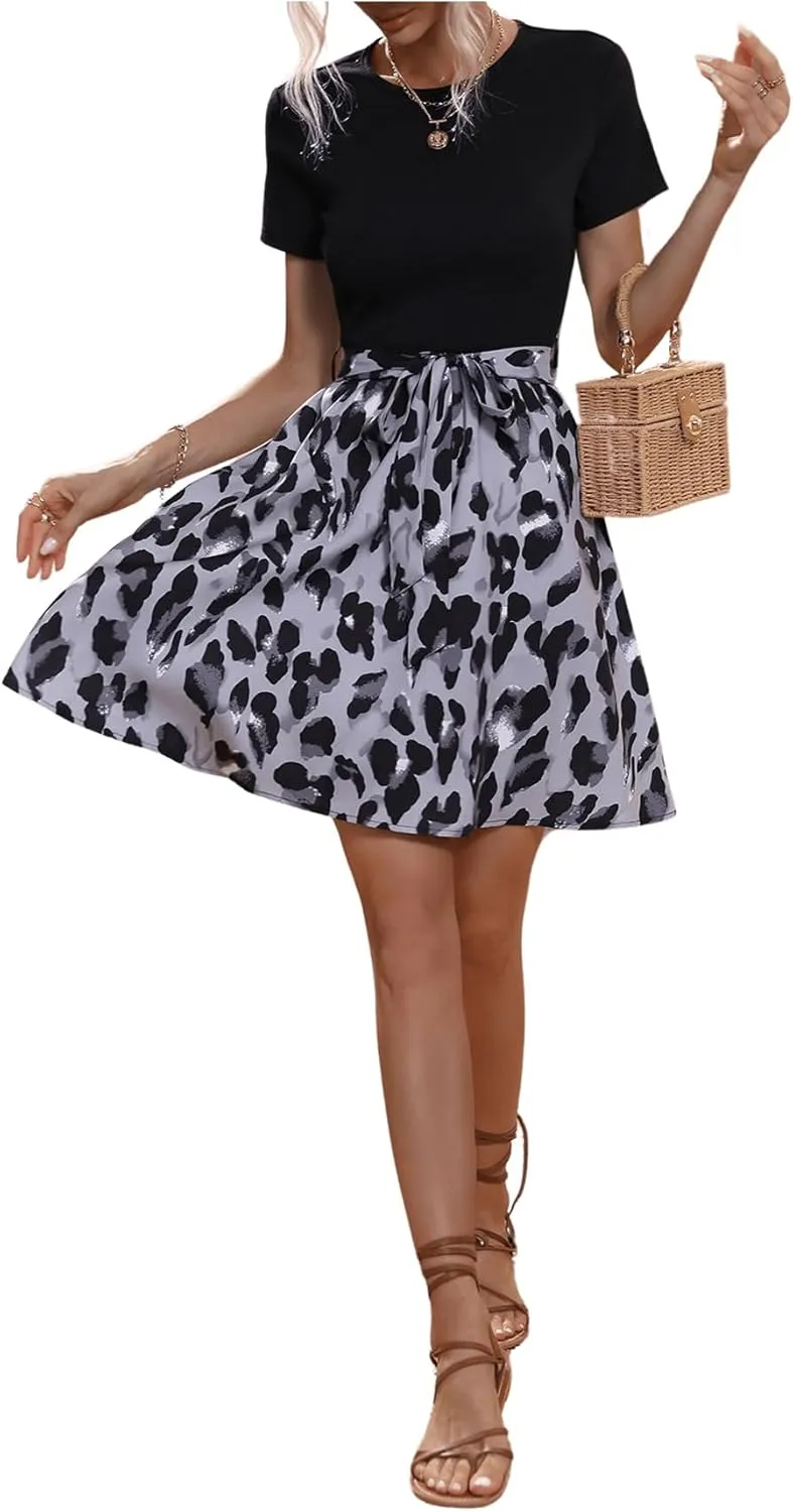 SweatyRocks Women's Graphic Short Sleeve Belted Mini Dress A Line Flared Skater Dresses