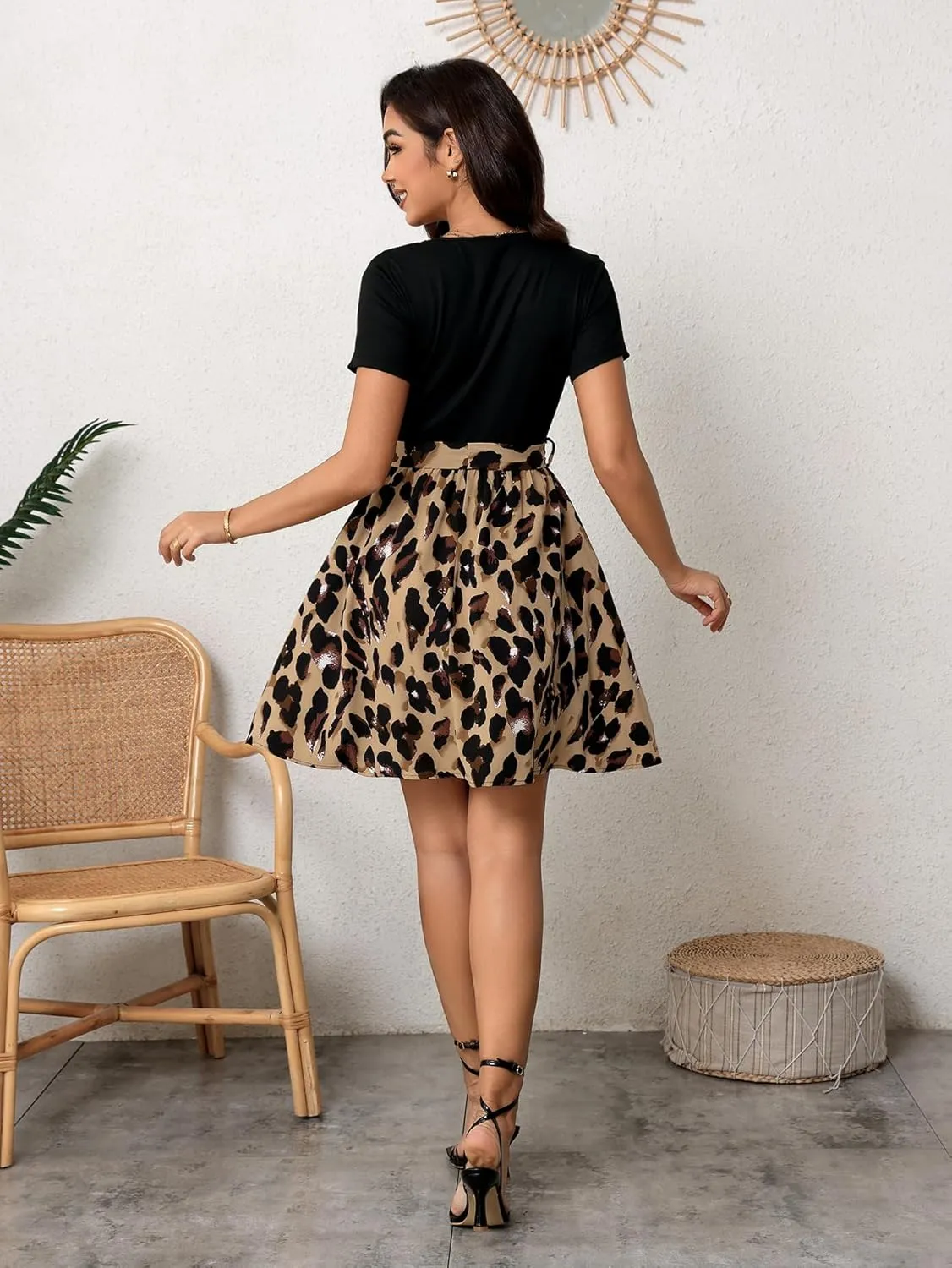 SweatyRocks Women's Graphic Short Sleeve Belted Mini Dress A Line Flared Skater Dresses