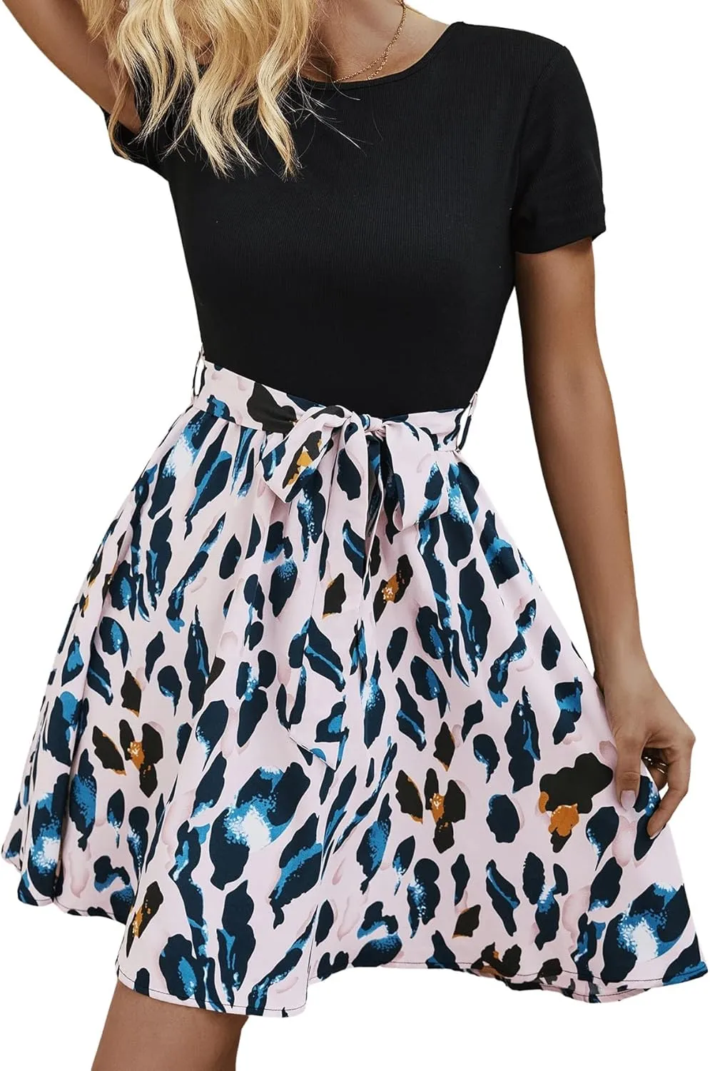 SweatyRocks Women's Graphic Short Sleeve Belted Mini Dress A Line Flared Skater Dresses