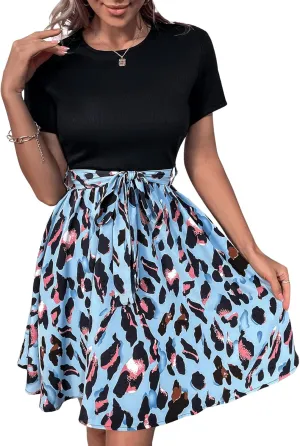 SweatyRocks Women's Graphic Short Sleeve Belted Mini Dress A Line Flared Skater Dresses
