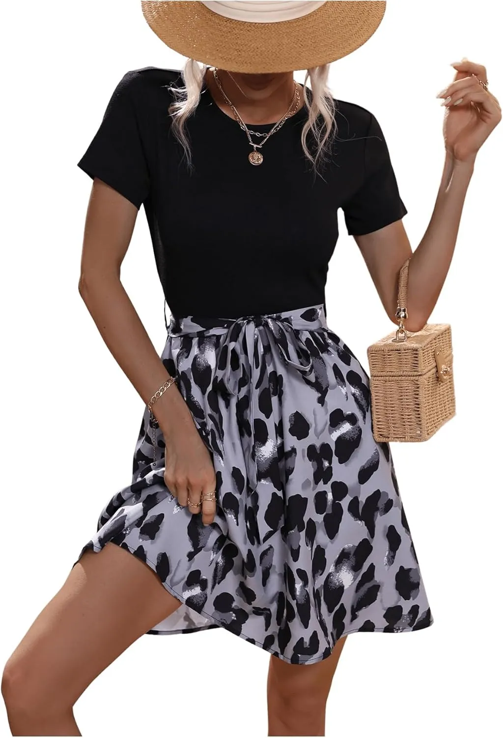 SweatyRocks Women's Graphic Short Sleeve Belted Mini Dress A Line Flared Skater Dresses