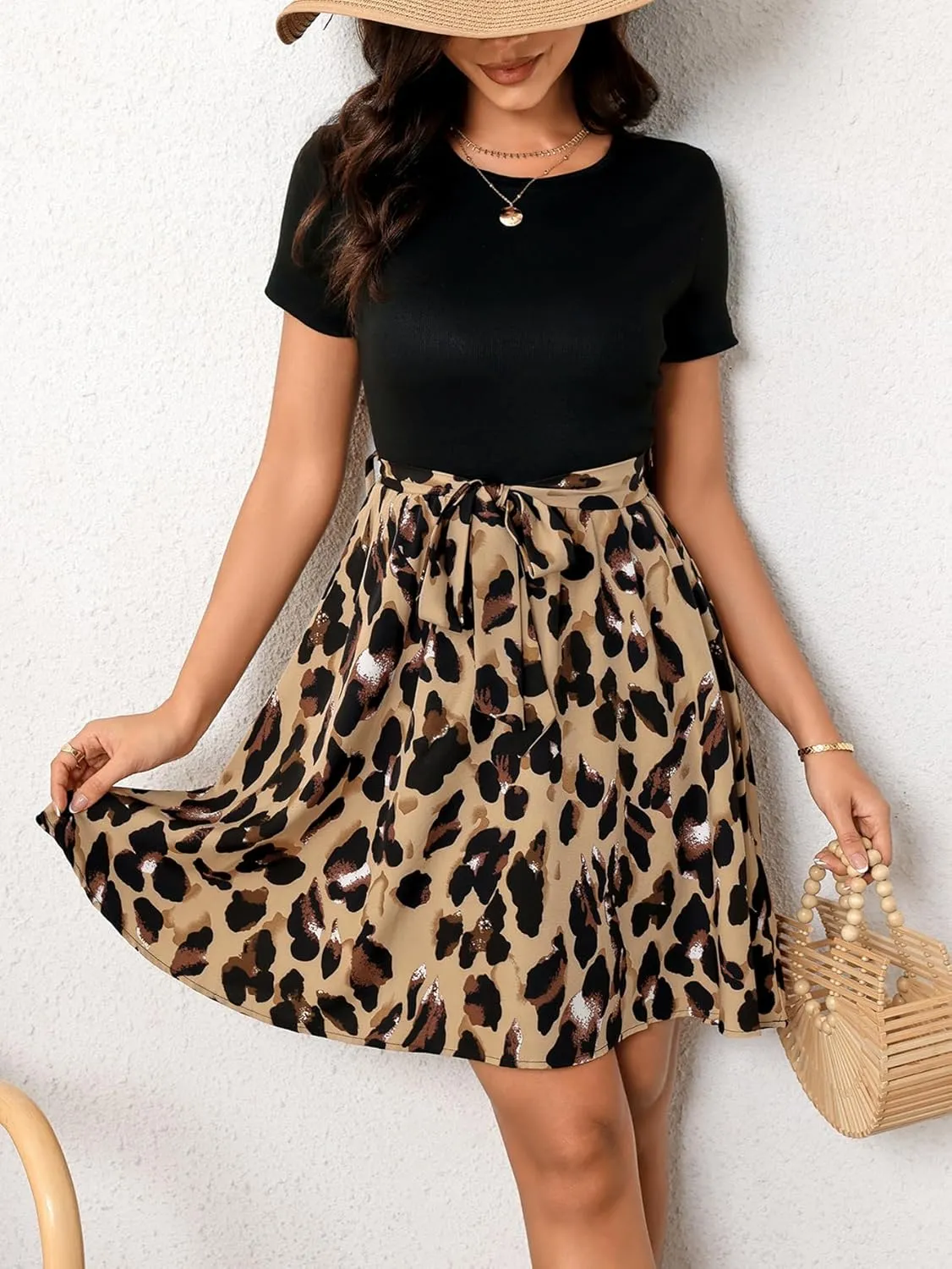 SweatyRocks Women's Graphic Short Sleeve Belted Mini Dress A Line Flared Skater Dresses
