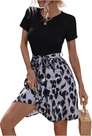 SweatyRocks Women's Graphic Short Sleeve Belted Mini Dress A Line Flared Skater Dresses