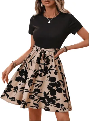 SweatyRocks Women's Graphic Short Sleeve Belted Mini Dress A Line Flared Skater Dresses