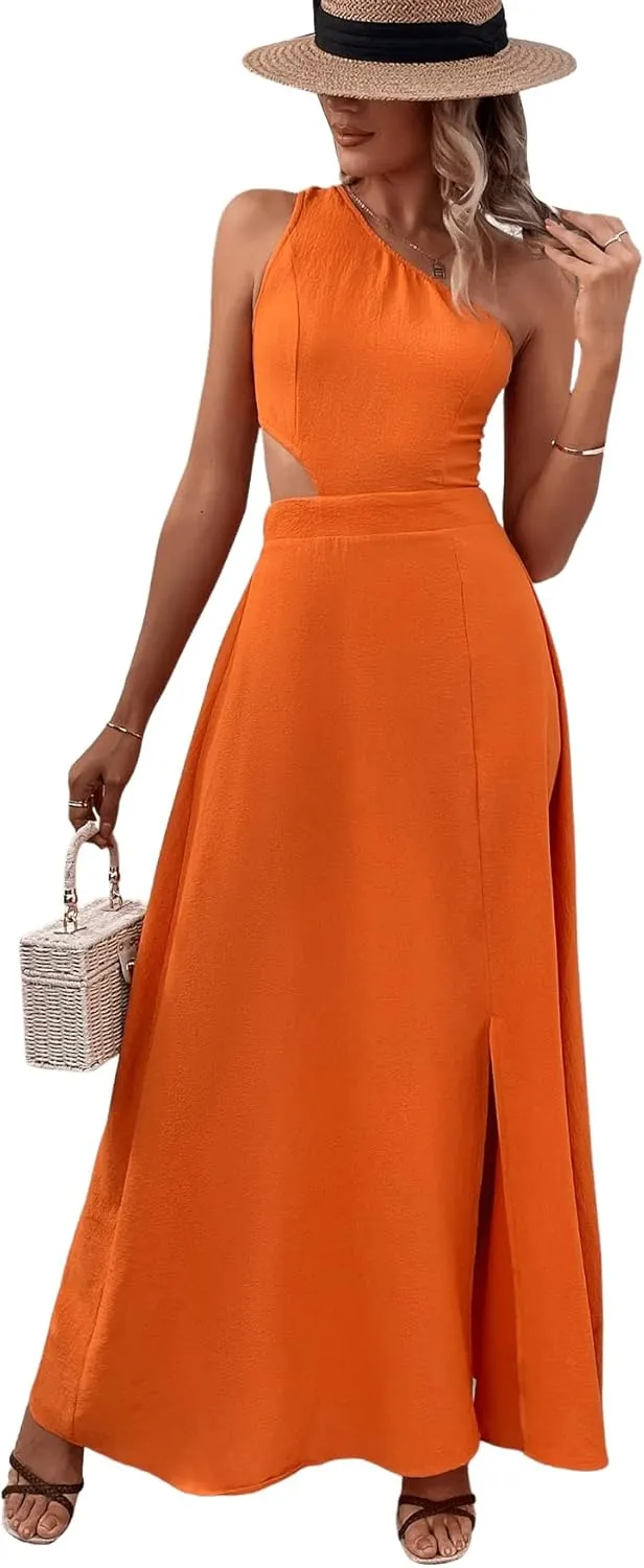 SweatyRocks Women's Sleeveless One Shoulder Tie Back Dress Cut Out A Line Split Maxi Dresses