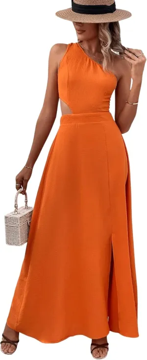 SweatyRocks Women's Sleeveless One Shoulder Tie Back Dress Cut Out A Line Split Maxi Dresses