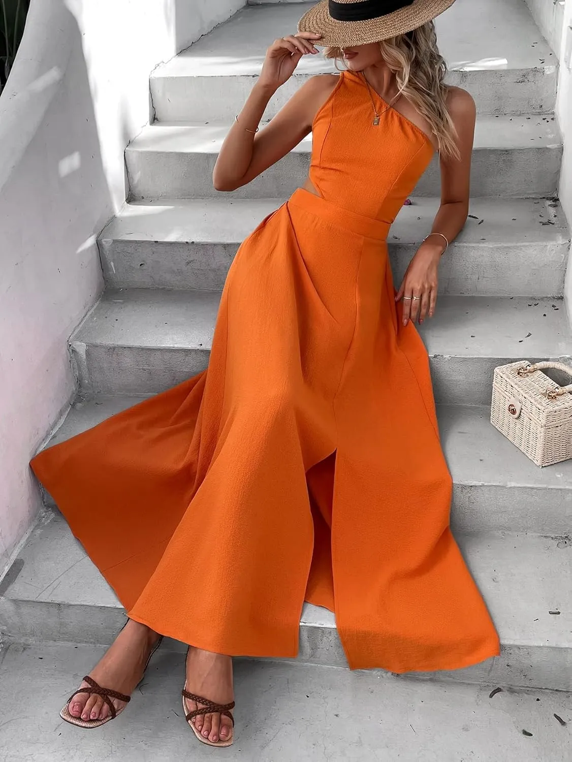 SweatyRocks Women's Sleeveless One Shoulder Tie Back Dress Cut Out A Line Split Maxi Dresses