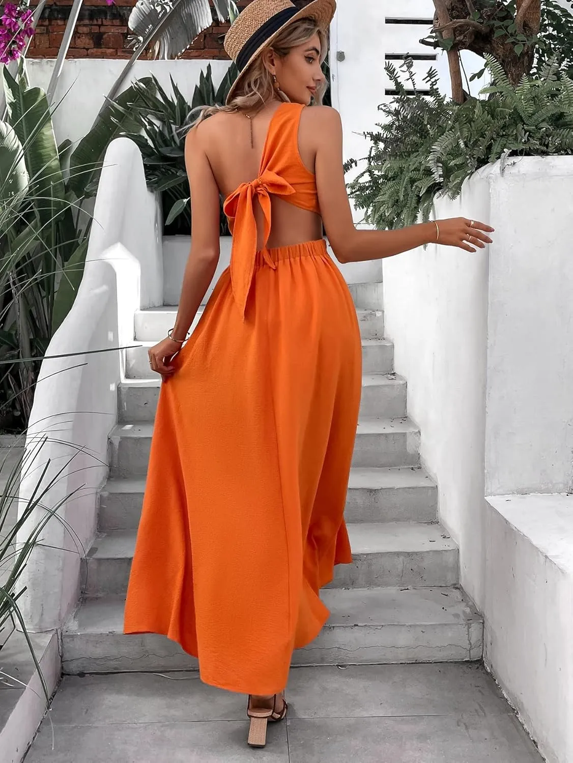 SweatyRocks Women's Sleeveless One Shoulder Tie Back Dress Cut Out A Line Split Maxi Dresses