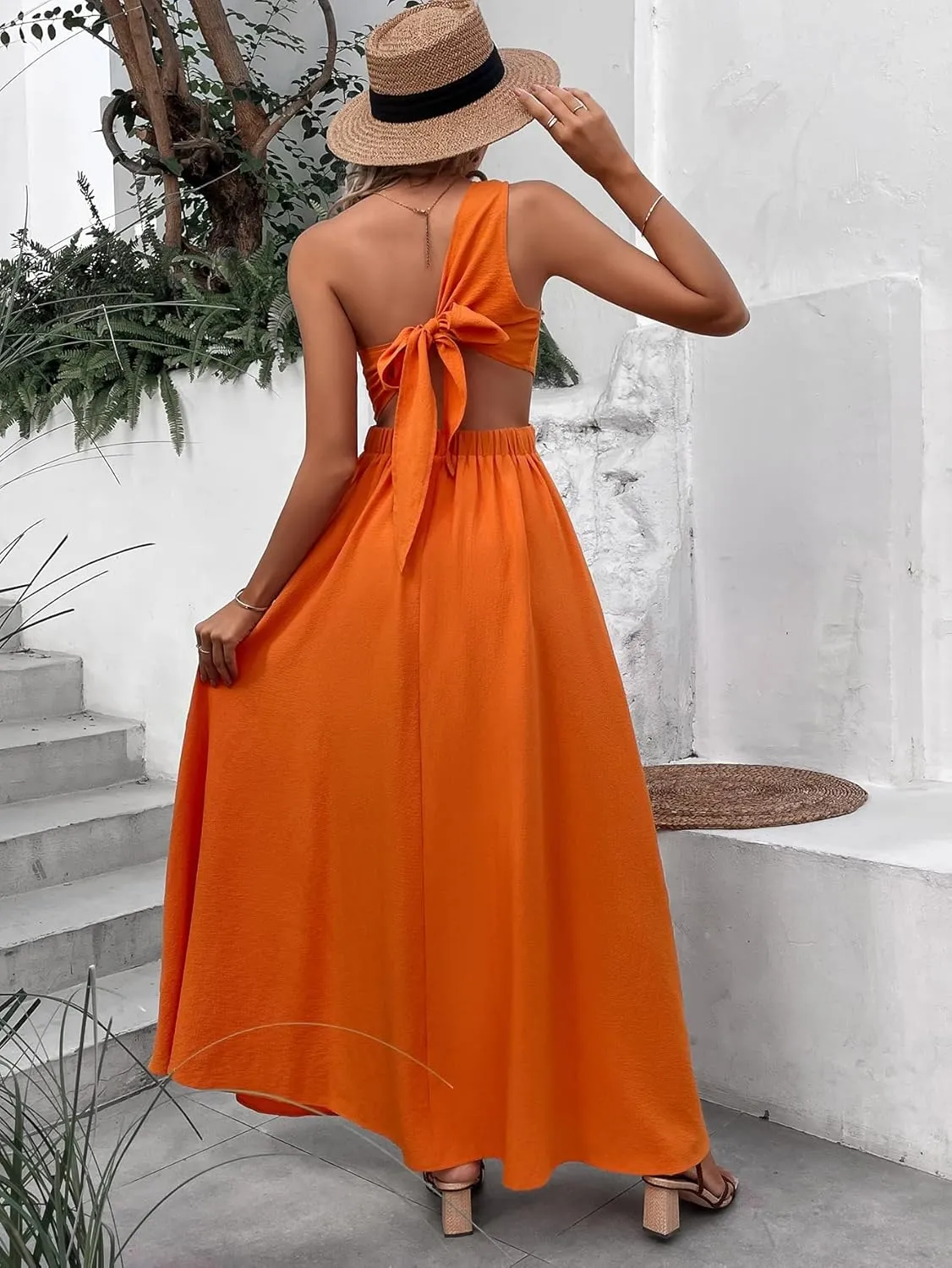 SweatyRocks Women's Sleeveless One Shoulder Tie Back Dress Cut Out A Line Split Maxi Dresses