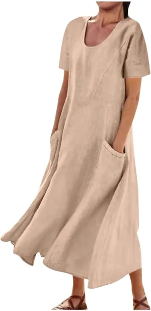 Swing Dresses for Women 2025 Summer Casual Short Sleeve Cotton Linen Dress Loose Ruffle Flowy Maxi Dress with Pockets