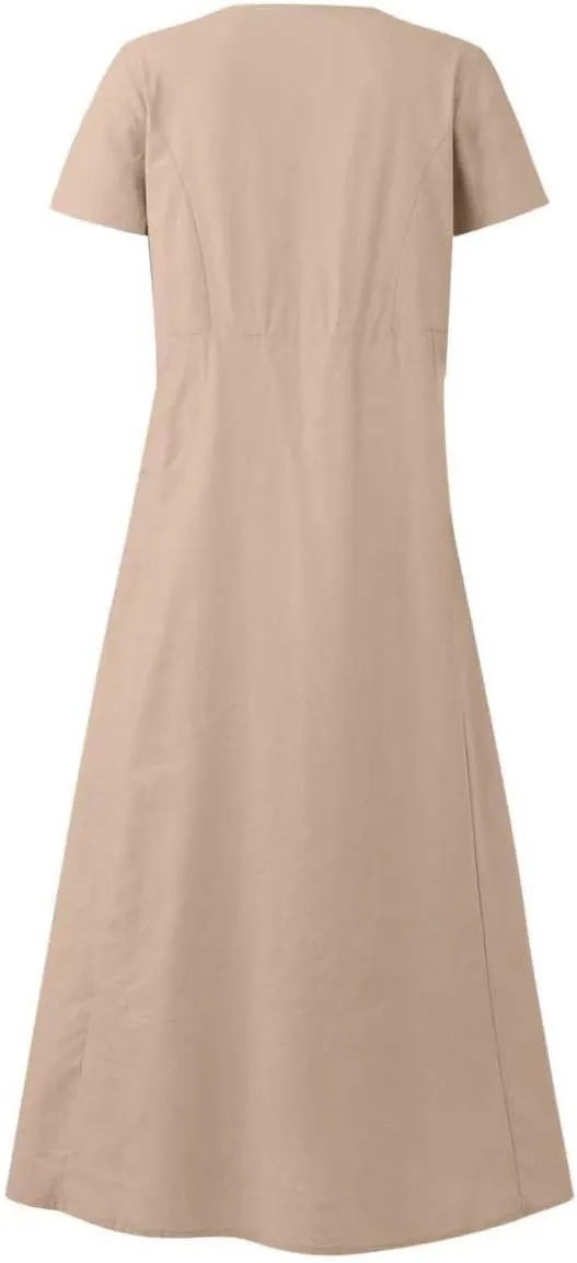 Swing Dresses for Women 2025 Summer Casual Short Sleeve Cotton Linen Dress Loose Ruffle Flowy Maxi Dress with Pockets