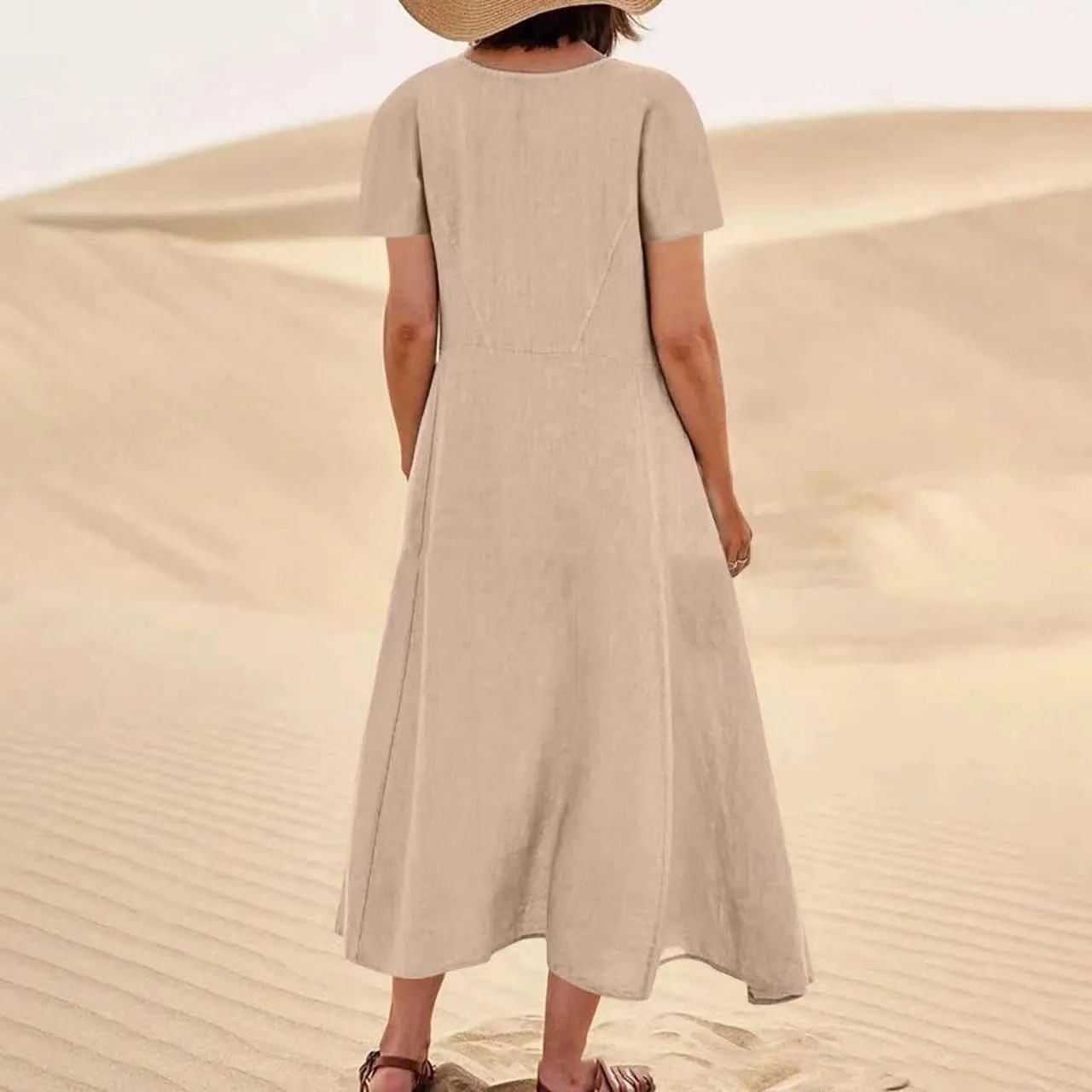 Swing Dresses for Women 2025 Summer Casual Short Sleeve Cotton Linen Dress Loose Ruffle Flowy Maxi Dress with Pockets