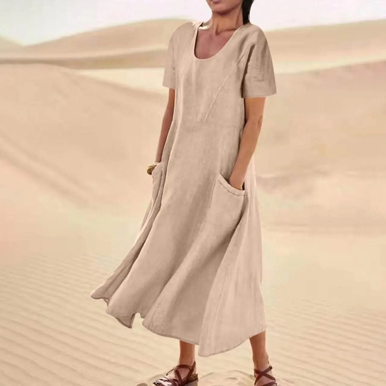 Swing Dresses for Women 2025 Summer Casual Short Sleeve Cotton Linen Dress Loose Ruffle Flowy Maxi Dress with Pockets