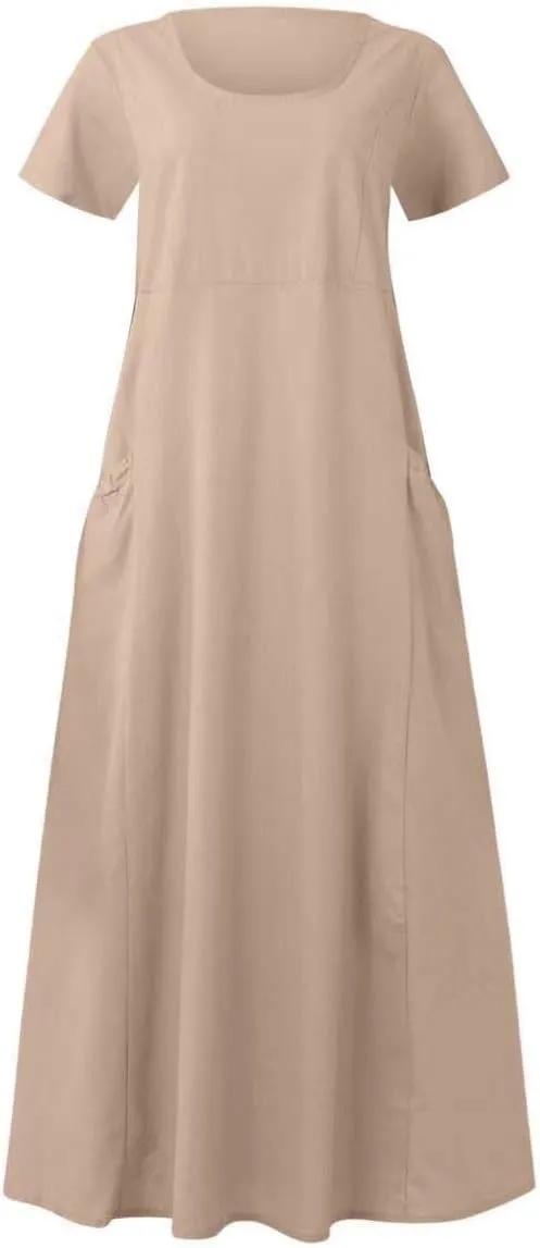 Swing Dresses for Women 2025 Summer Casual Short Sleeve Cotton Linen Dress Loose Ruffle Flowy Maxi Dress with Pockets