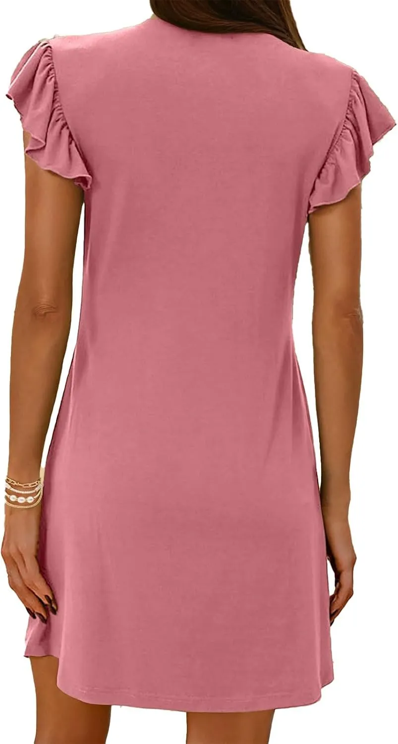 Tank Dresses for Women 2025 Deep V Neck Ruffle Sleeve Mini Dress Summer Casual Sexy Tunic Vacation Holiday Dresses