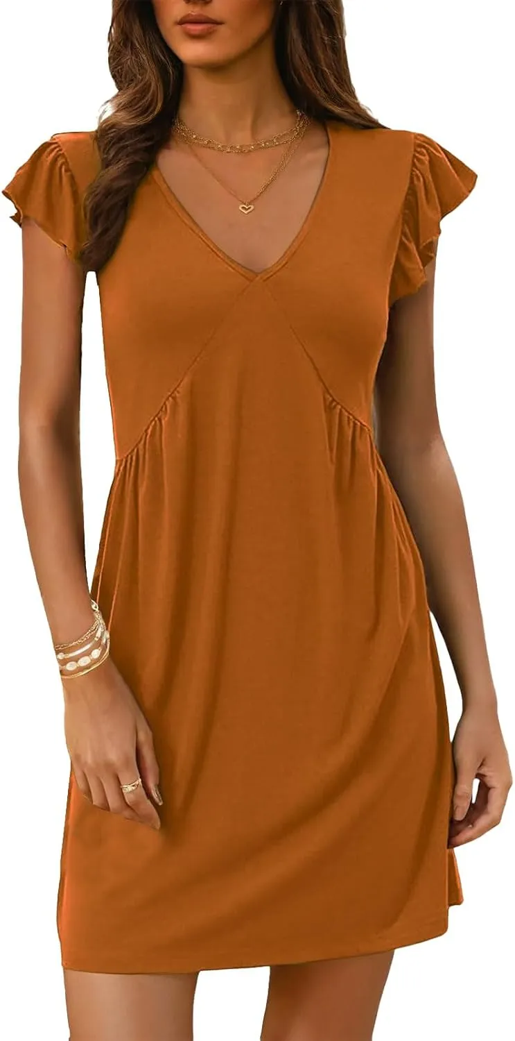 Tank Dresses for Women 2025 Deep V Neck Ruffle Sleeve Mini Dress Summer Casual Sexy Tunic Vacation Holiday Dresses