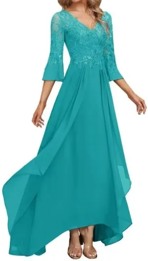 Tea Length Mother of The Bride Dresses for Wedding Long Sleeve V Neck Lace Chiffon Formal Evening Gowns