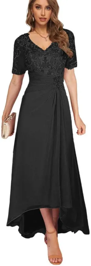 Tea Length Mother of The Bride Dresses for Women High Low Lace Formal Wedding Party Dress with Sleeves