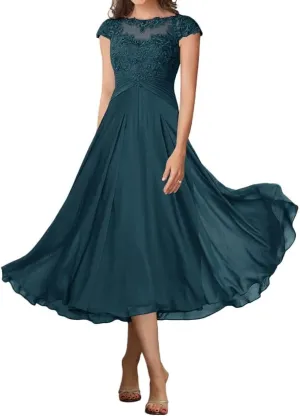 Tea Length Mother of The Bride Dresses Lace Appliques Cap Sleeve Ruched Chiffon Wedding Guest Evening Dress