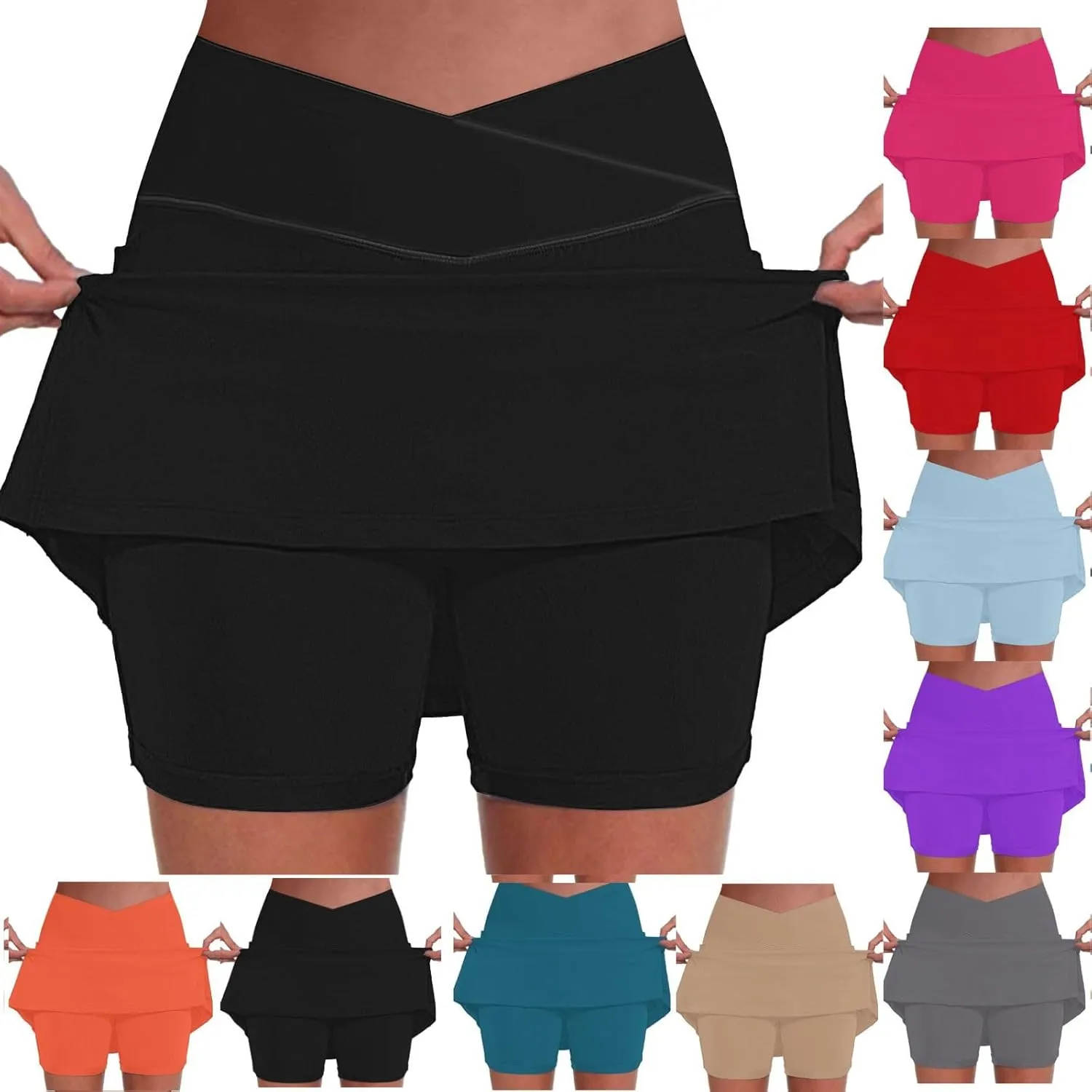 Tennis Skirt for Women with Pockets Shorts Crossover High Waisted Athletic Golf Skorts Running Workout Skirts 2 in 1