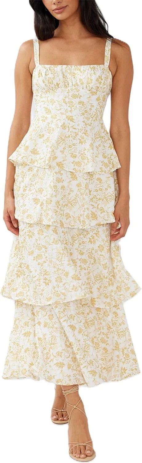 Thopavenoir Women's Boho Tie-up Front Maxi Dress Y2k Floral Print Sleeveless Long Dresses 2025 Smocked Summer Beach Sundress