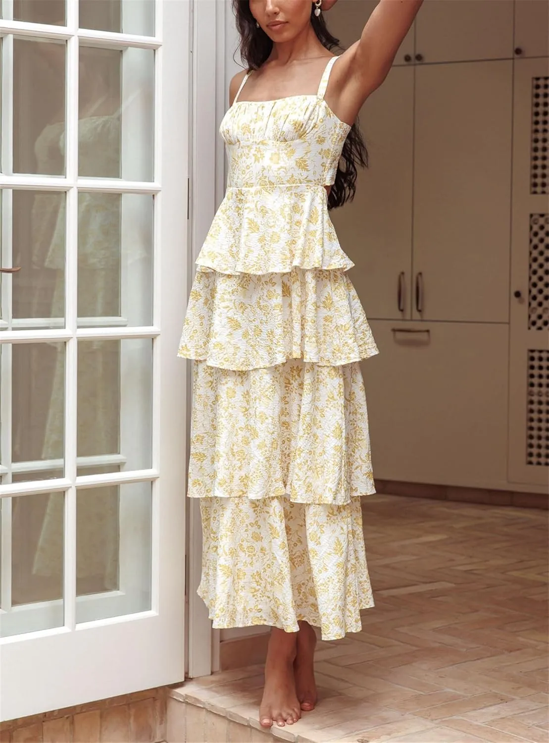 Thopavenoir Women's Boho Tie-up Front Maxi Dress Y2k Floral Print Sleeveless Long Dresses 2025 Smocked Summer Beach Sundress