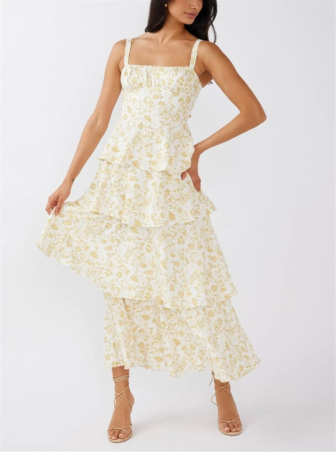 Thopavenoir Women's Boho Tie-up Front Maxi Dress Y2k Floral Print Sleeveless Long Dresses 2025 Smocked Summer Beach Sundress