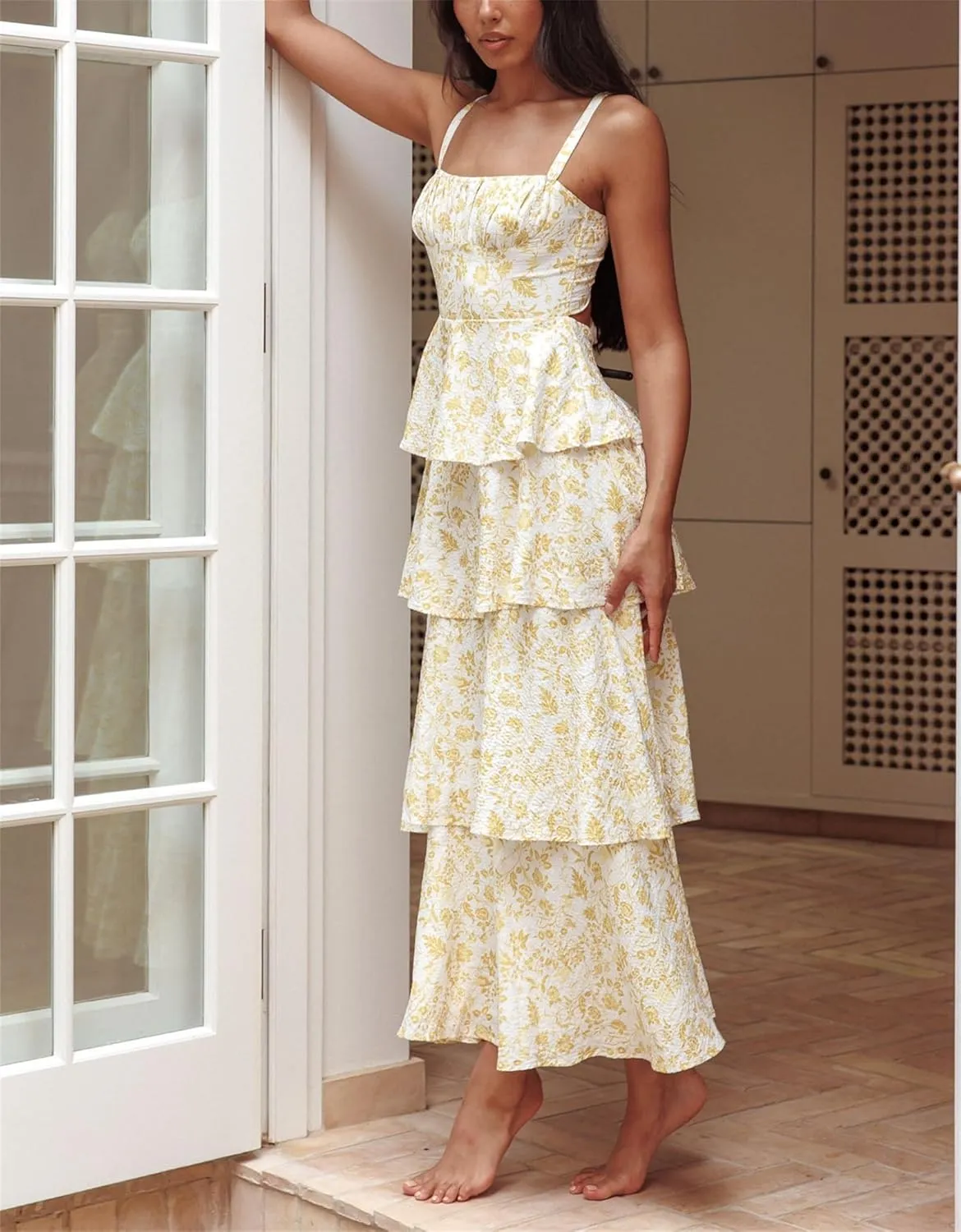 Thopavenoir Women's Boho Tie-up Front Maxi Dress Y2k Floral Print Sleeveless Long Dresses 2025 Smocked Summer Beach Sundress