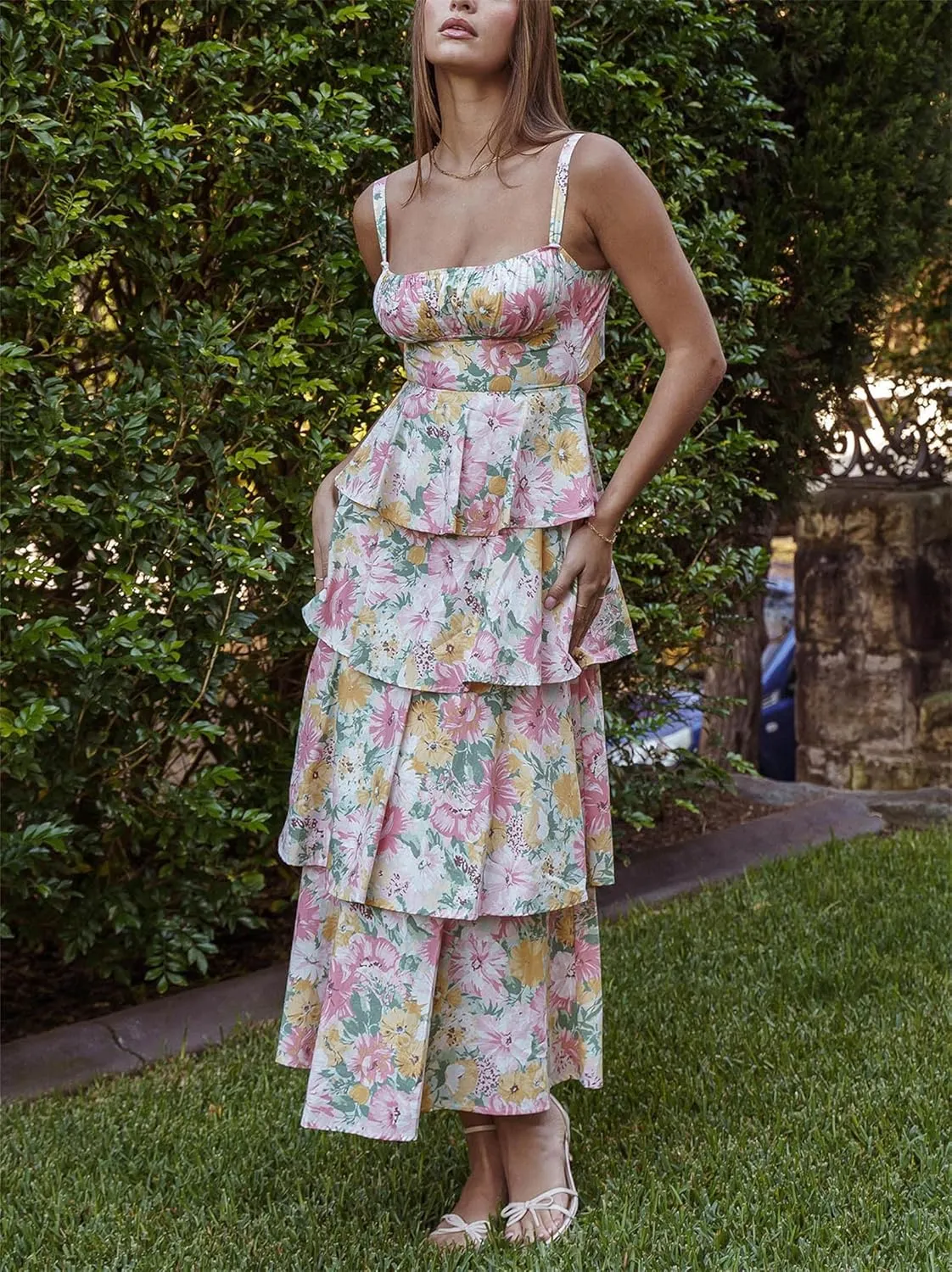Thopavenoir Women's Boho Tie-up Front Maxi Dress Y2k Floral Print Sleeveless Long Dresses 2025 Smocked Summer Beach Sundress