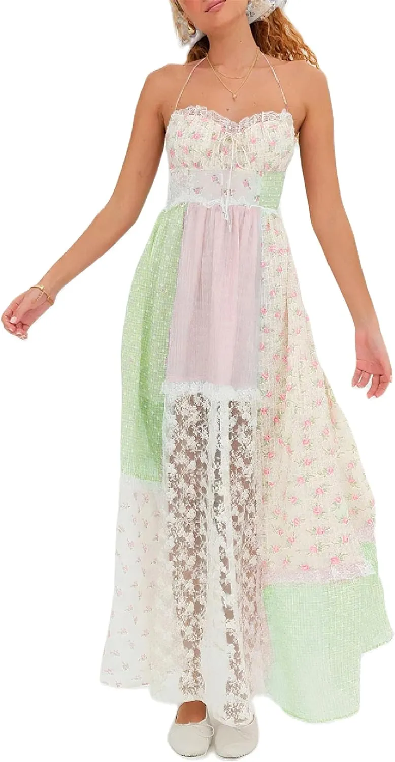 Thopavenoir Women's Boho Tie-up Front Maxi Dress Y2k Floral Print Sleeveless Long Dresses 2025 Smocked Summer Beach Sundress