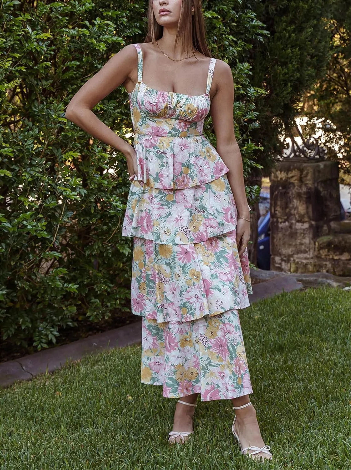 Thopavenoir Women's Boho Tie-up Front Maxi Dress Y2k Floral Print Sleeveless Long Dresses 2025 Smocked Summer Beach Sundress