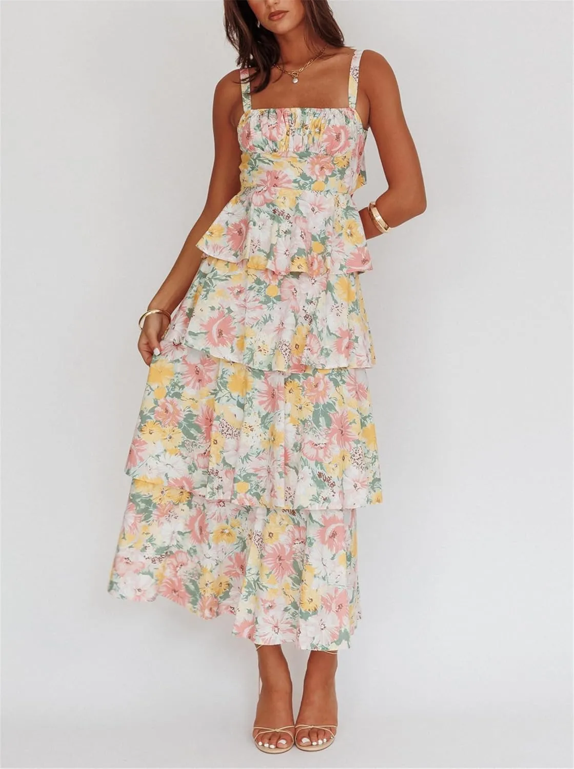 Thopavenoir Women's Boho Tie-up Front Maxi Dress Y2k Floral Print Sleeveless Long Dresses 2025 Smocked Summer Beach Sundress